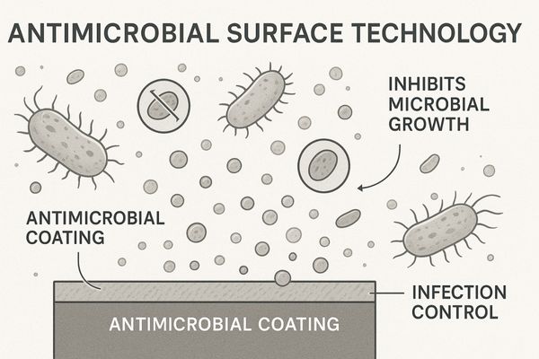 A microscopic view showing microbes being neutralized on a surface treated with an antimicrobial coating