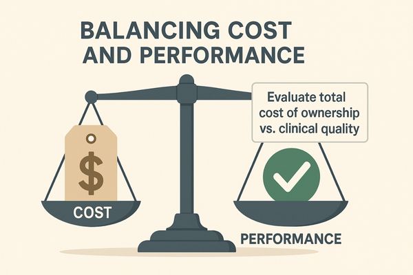 A scale balancing a price tag on one side and a quality checkmark on the other