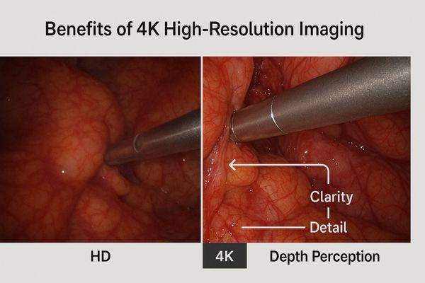 A split-screen image comparing an HD surgical view with a much clearer 4K surgical view