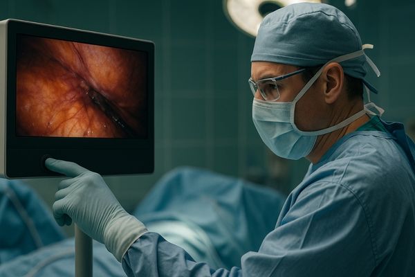 Surgeon adjusting monitor settings without looking while focusing on patient