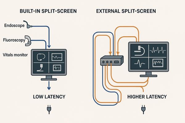 Diagram comparing the signal path of a built-in split-screen monitor versus an external device