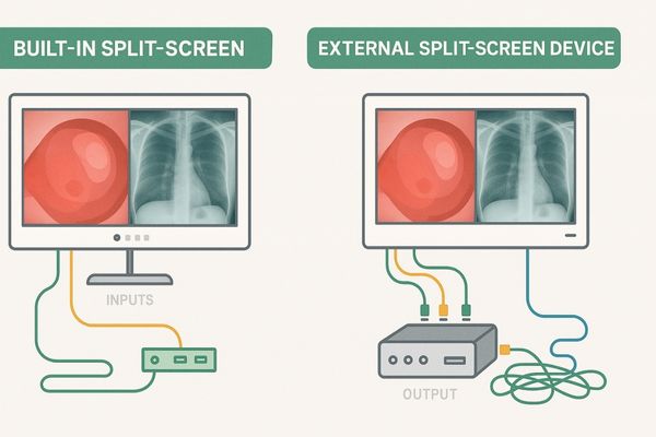 Illustration comparing built-in split-screen technology and external split-screen devices in surgical monitors, showing cable connections and video feeds.