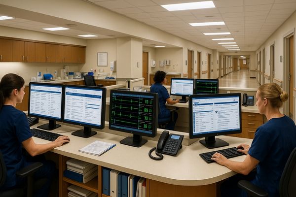 A busy nursing station with several 1MP monitors displaying patient vitals and electronic charts