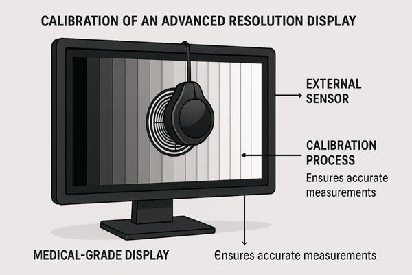 A high-resolution medical monitor undergoing calibration with an external sensor