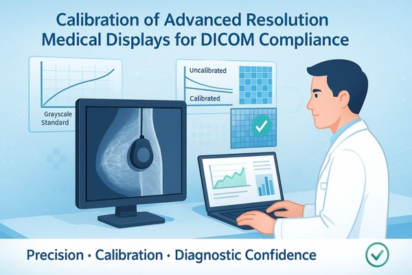 Illustration of a radiologist calibrating a high-resolution medical display using an external sensor, with charts showing grayscale standards and calibration progress, symbolizing precision and DICOM compliance in diagnostic imaging.