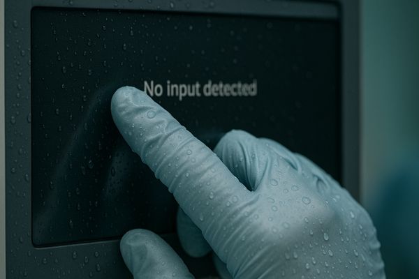 Close-up of gloved hands failing to register on wet capacitive touch surface