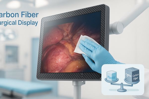 “Gloved hand cleaning carbon fiber surgical display screen in modern operating room, showing endoscopic image and weight comparison chart of carbon fiber versus plastic”