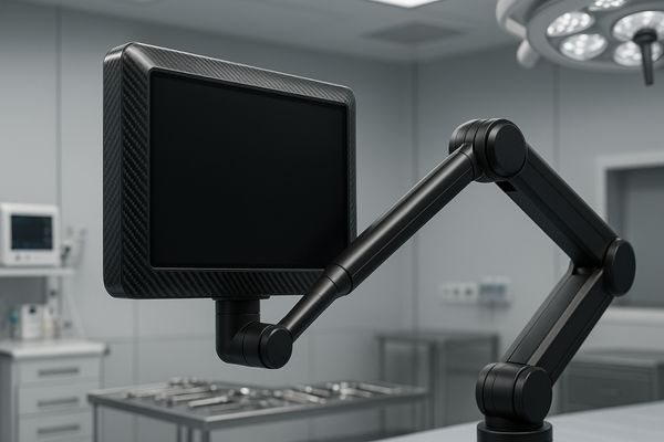 A sleek, ultra-modern surgical display with a carbon fiber weave pattern on its housing, mounted on a boom arm