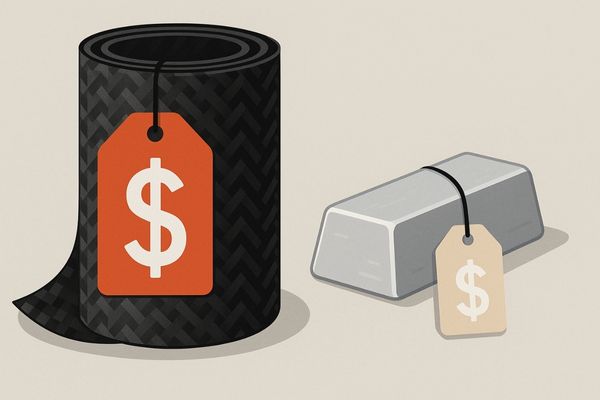 An infographic showing a price tag on a roll of carbon fiber fabric next to a smaller price tag on an aluminum ingot