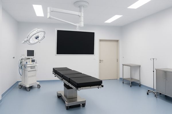 A clean operating room showing a monitor mounted on a ceiling boom, freeing up all floor space underneath