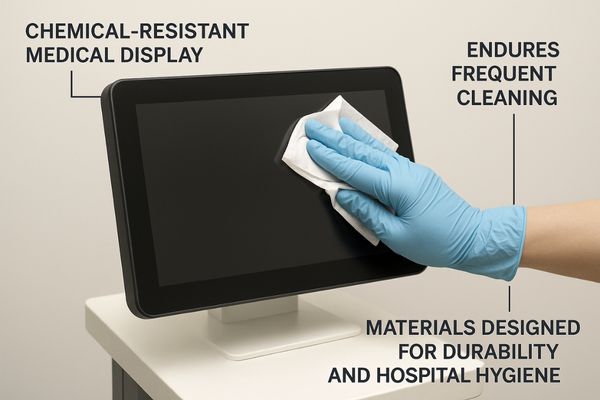 A gloved hand wiping down a medical display with a disinfectant wipe, with no signs of damage to the surface