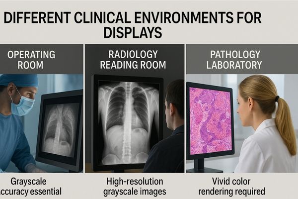 An image montage showing different clinical settings: OR, radiology, and pathology