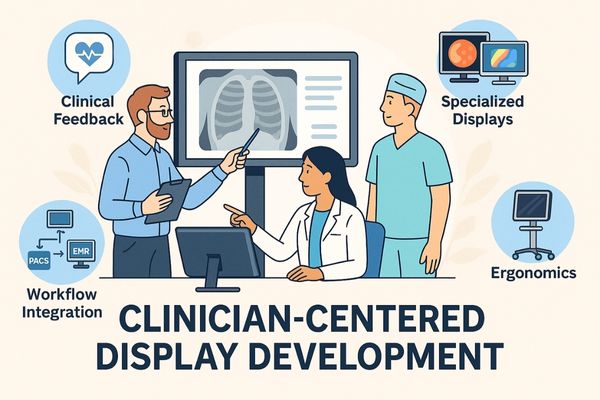 Illustration of diverse clinicians collaborating with engineers around a medical display, symbolizing user-focused development and workflow integration in healthcare technology.