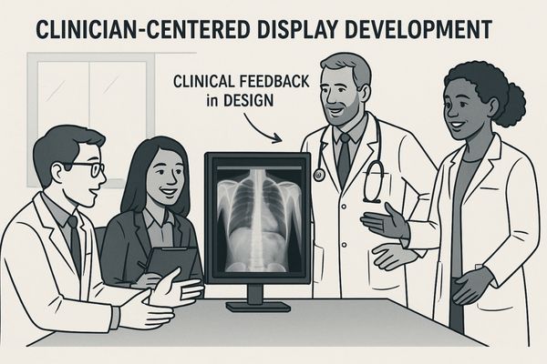 A photo of a diverse group of clinicians collaborating around a medical display