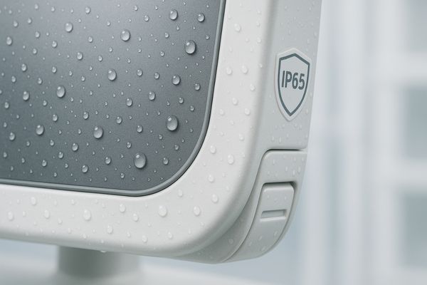 Close-up of a monitor's waterproof and sealed bezel