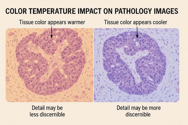 Side-by-side comparison of a pathology slide on a warm-toned versus a cool-toned display