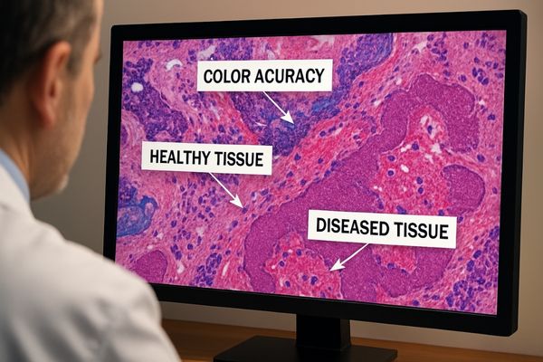 A digital pathology slide on a color-accurate display showing different tissue stains