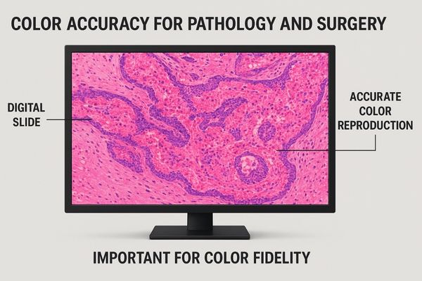 A vibrant digital pathology slide displayed on a color-accurate medical monitor