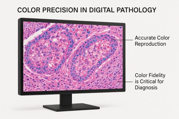 A high-resolution display showing a colorful digital pathology slide in detail