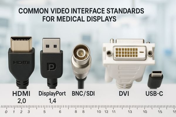 Various video connectors lined up showing HDMI, DisplayPort, SDI, DVI, and USB-C interfaces
