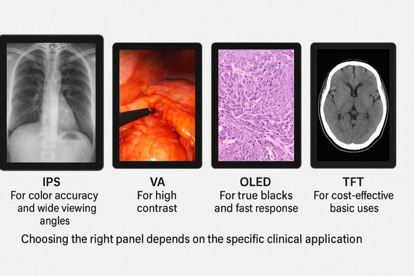 A montage of different medical displays showing various images for radiology, surgery, and pathology