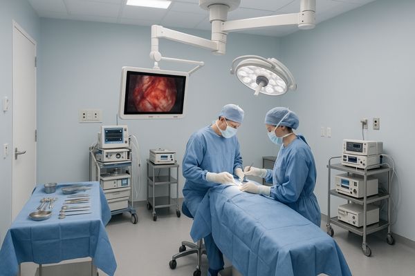 A well-organized, compact operating room with a ceiling-mounted monitor positioned ergonomically