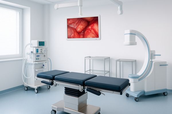 Compact operating room with ceiling-mounted surgical monitor displaying endoscopic image, surrounded by modern medical equipment and clear floor space.