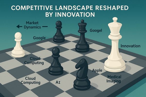 A chess board with pieces representing different technology companies competing for position