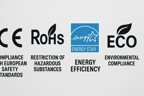 A collection of certification logos like CE, RoHS, and Energy Star