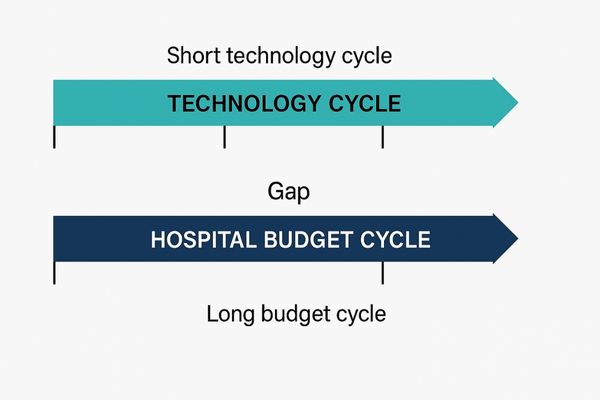 A diagram showing a short technology cycle overlapping with a long hospital budget cycle, creating a gap