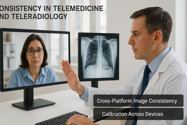 A doctor conducting a video consultation while reviewing a patient's medical image on a separate screen