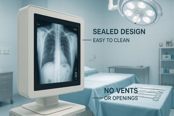 A medical display with a sealed, easy-to-clean casing in a sterile operating room