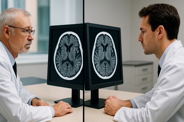 Two doctors in different locations looking at the same patient scan on their respective calibrated monitors