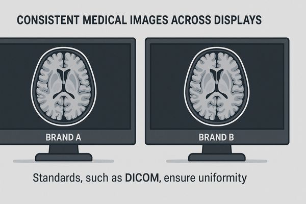 A graphic showing two monitors from different brands displaying an identical, calibrated medical image