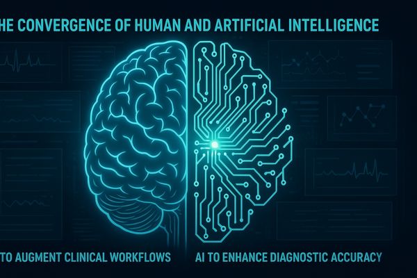 An abstract image blending a human brain with a circuit board, symbolizing AI
