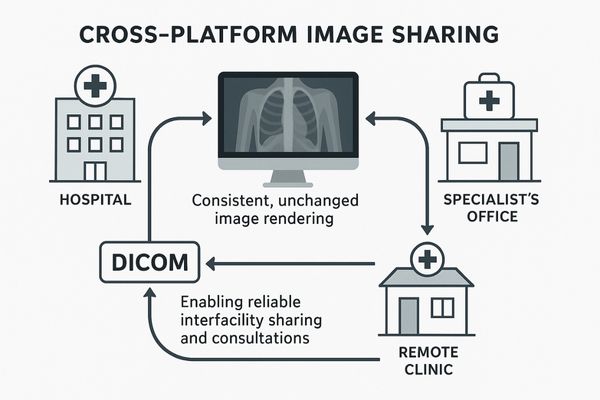 A diagram showing an image shared between a hospital, a specialist's office, and a remote clinic