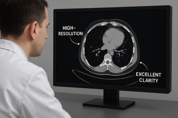 A radiologist analyzing a detailed CT scan on a high-resolution medical display