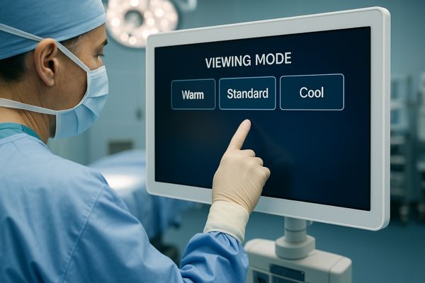 A surgeon tapping a touchscreen to select a viewing mode on a surgical monitor