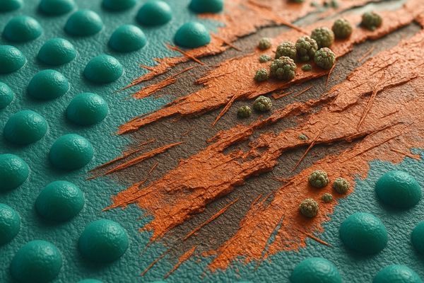 A microscopic view of an antibacterial coating showing signs of wear and tear