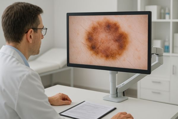 A dermatologist examining a high-resolution image of a skin lesion on a professional medical monitor
