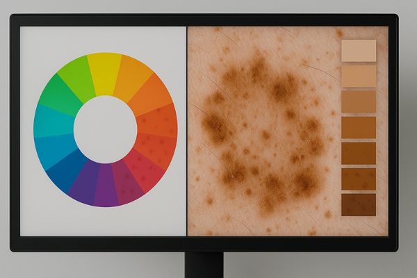 A color wheel next to a detailed skin image on a monitor, showing perfect color matching