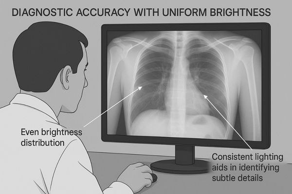 Close-up of a radiologist examining a chest X-ray on a high-resolution monitor