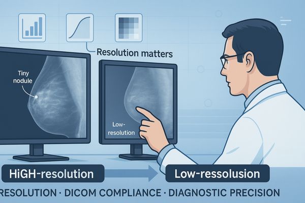 Illustration of a doctor comparing high-resolution and low-resolution mammogram images on medical monitors, highlighting the importance of resolution for DICOM compliance and diagnostic accuracy.