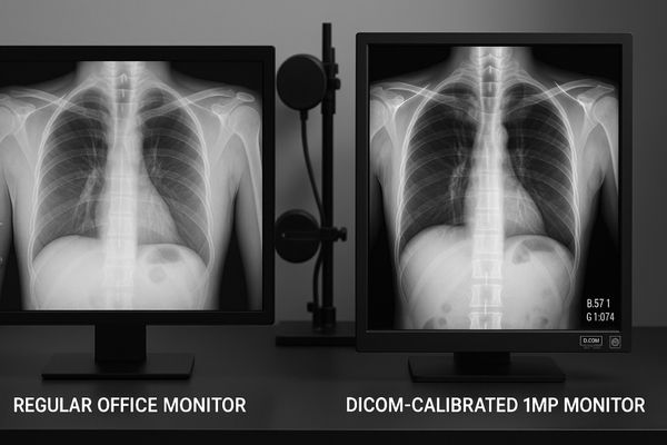 A side-by-side comparison of a regular office monitor and a DICOM-calibrated 1MP monitor showing the same X-ray