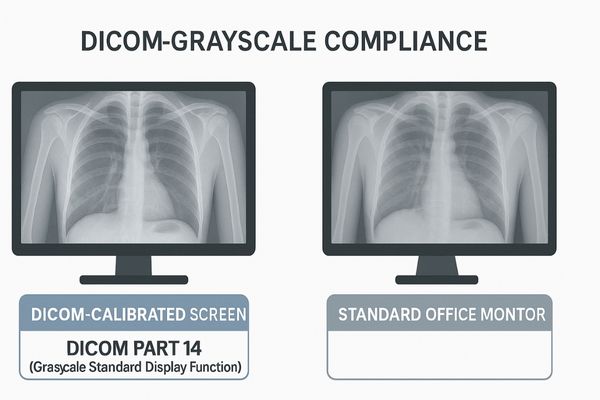 A side-by-side comparison of a DICOM-calibrated screen and a standard office monitor