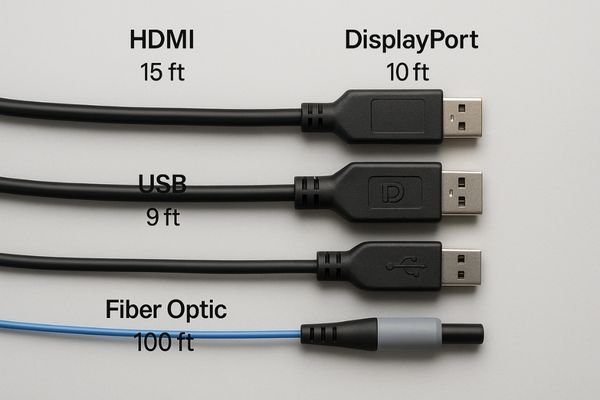 A collection of different cable types like HDMI, DisplayPort, USB, and Fiber Optic arranged neatly