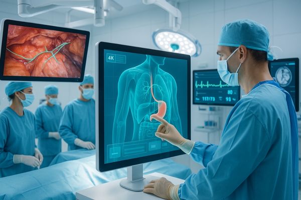 Surgeon operating in a modern digital operating room using large 4K medical displays with AI overlays and patient vitals
