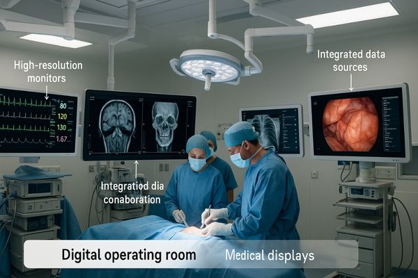A wide shot of a modern digital operating room with multiple large surgical displays