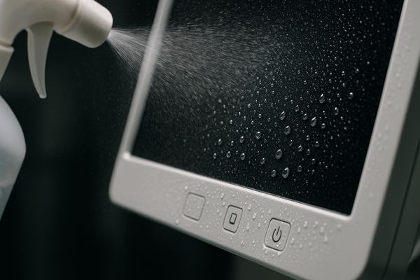 Close-up of disinfectant being sprayed at an angle onto a monitor surface