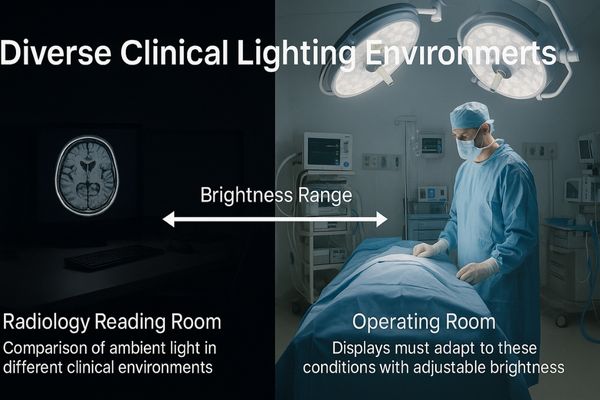 A split image showing a radiology reading room on one side and a bright operating room on the other